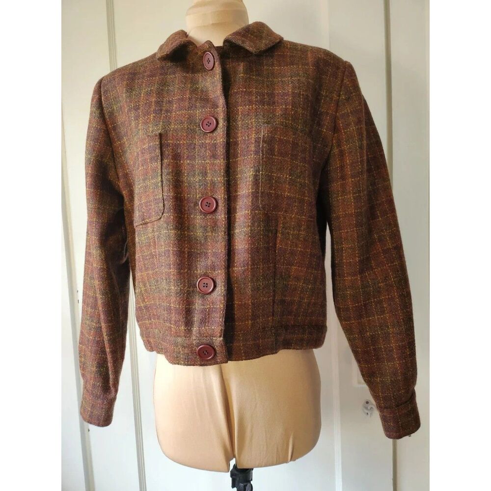 Vtg 100% Wool Autumn Leaves Brown Checked Plaid Tweed Bomber Jacket - Picture 10 of 11